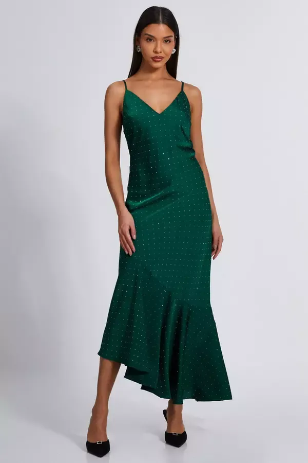 Quiz Clothing Dresses Bottle Green Satin Asymmetric Midaxi Dress 8211 Women