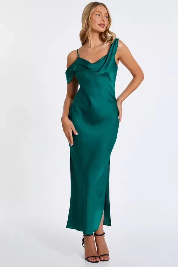 Quiz Clothing Dresses Bottle Green Satin Drop Shoulder Maxi Dress 8211 Women