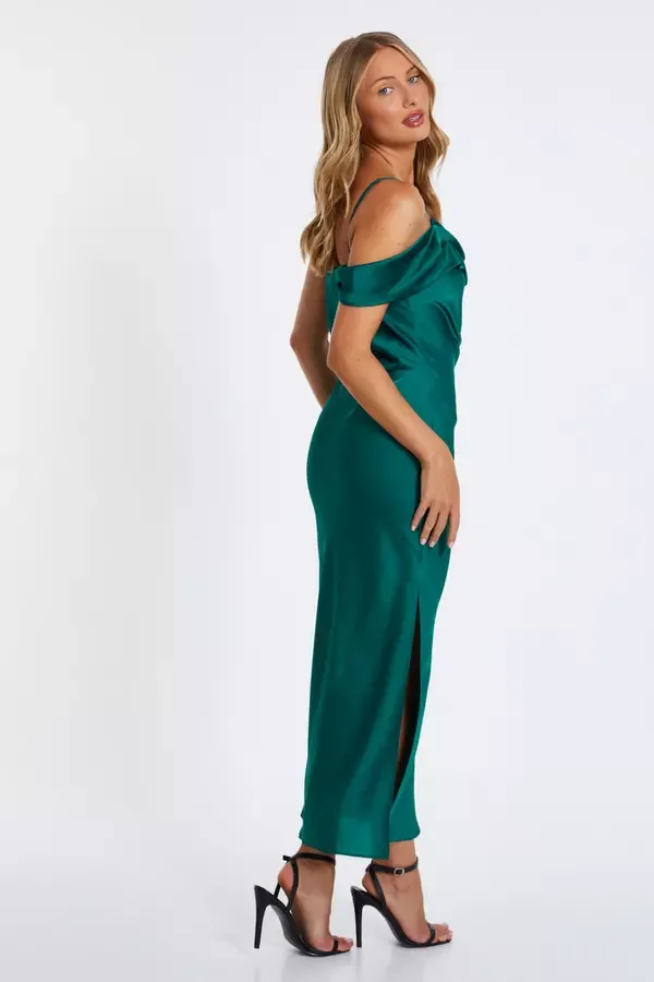 Quiz Clothing Dresses Bottle Green Satin Drop Shoulder Maxi Dress 8211 Women