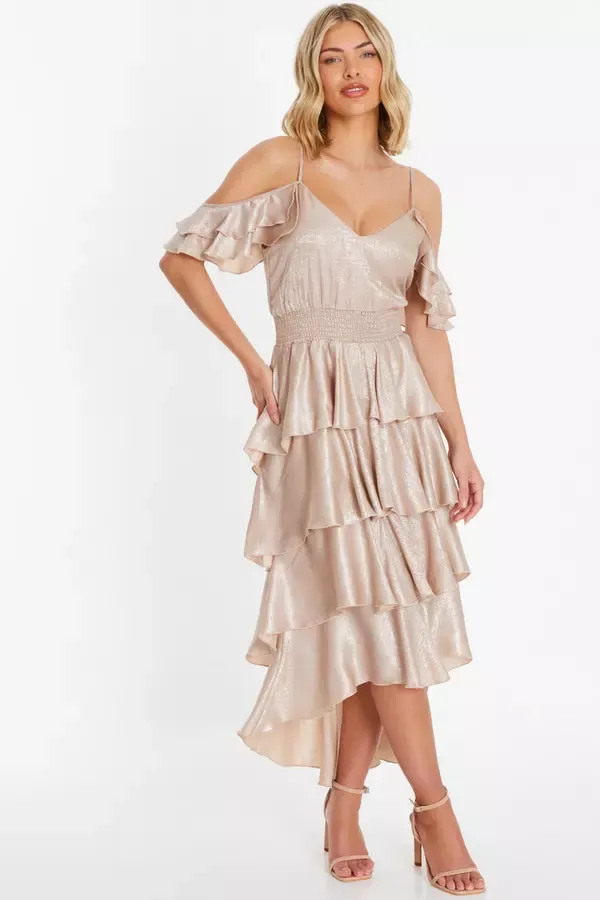 Quiz Clothing Dresses Champagne Drop Shoulder Tiered Midi Dress 8211 Women