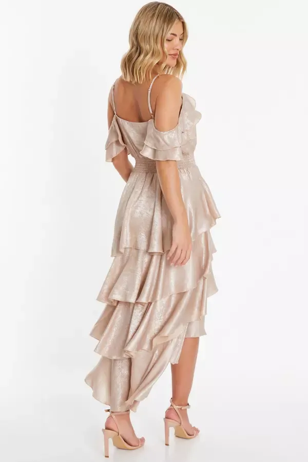 Quiz Clothing Dresses Champagne Drop Shoulder Tiered Midi Dress 8211 Women