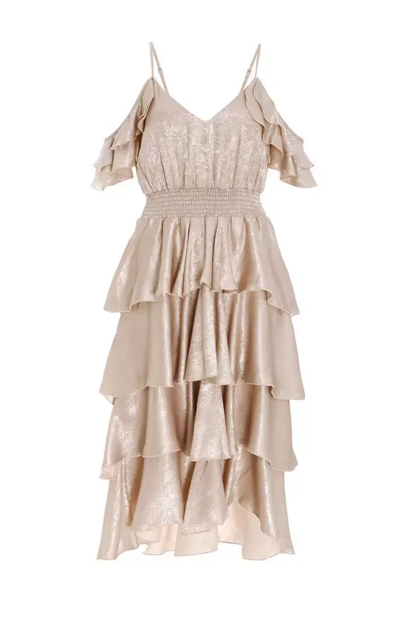 Quiz Clothing Dresses Champagne Drop Shoulder Tiered Midi Dress 8211 Women