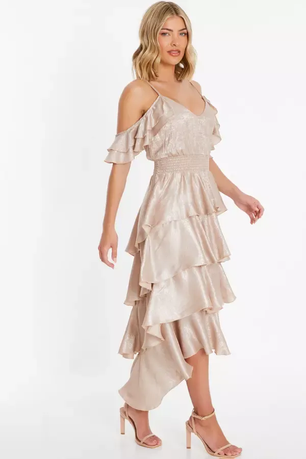 Quiz Clothing Dresses Champagne Drop Shoulder Tiered Midi Dress 8211 Women