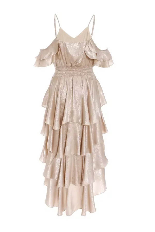 Quiz Clothing Dresses Champagne Drop Shoulder Tiered Midi Dress 8211 Women