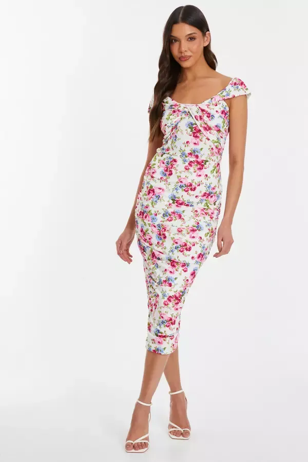 Quiz Clothing Dresses Cream Floral Bardot Midi Dress 8211 Women