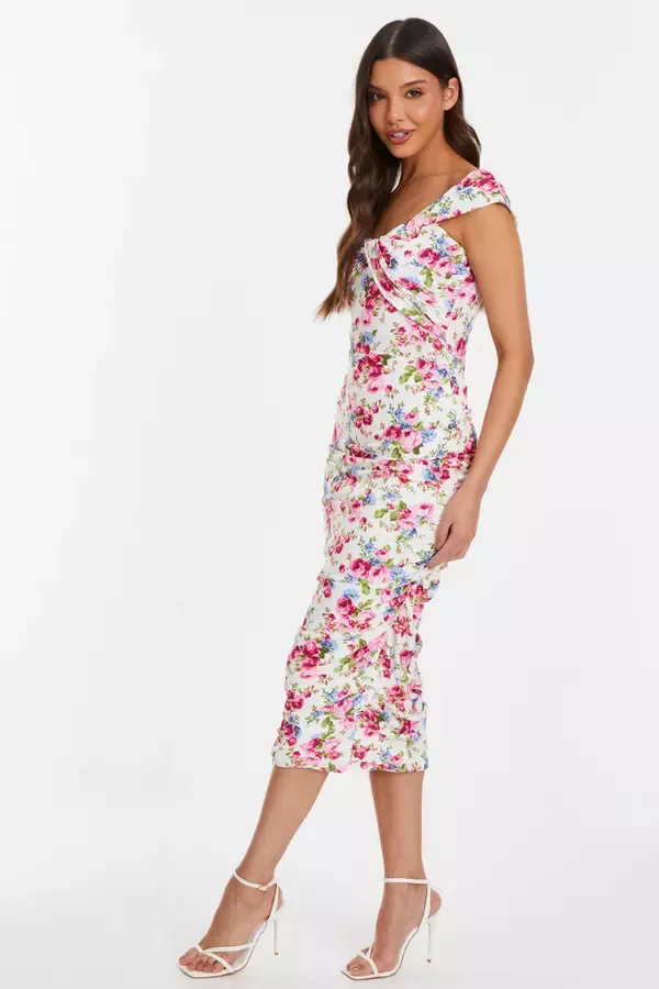 Quiz Clothing Dresses Cream Floral Bardot Midi Dress 8211 Women