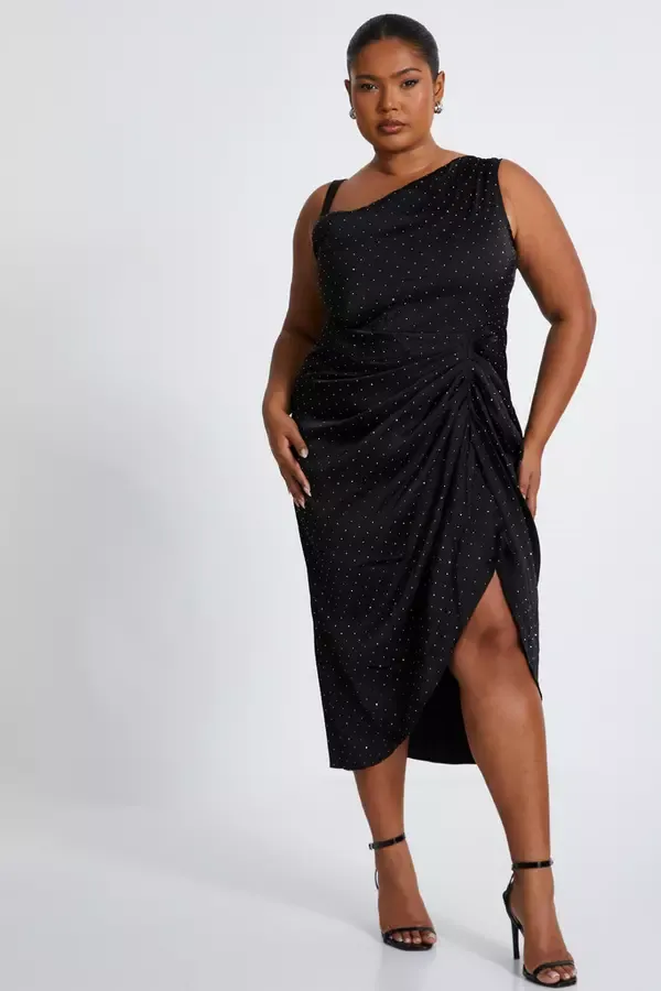 Quiz Clothing Dresses Curve Black Rhinestone Satin Midi Dress 8211 Women