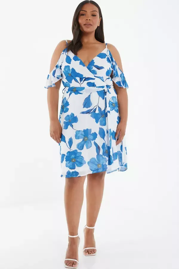 Quiz Clothing Dresses Curve Blue Chiffon Floral Cold Shoulder Midi Dress 8211 Women