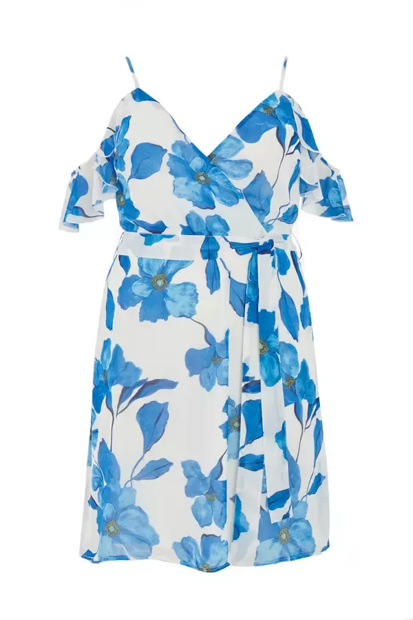 Quiz Clothing Dresses Curve Blue Chiffon Floral Cold Shoulder Midi Dress 8211 Women