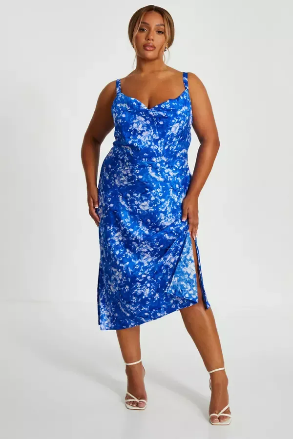 Quiz Clothing Dresses Curve Blue Ditsy Floral Satin Midaxi Dress 8211 Women
