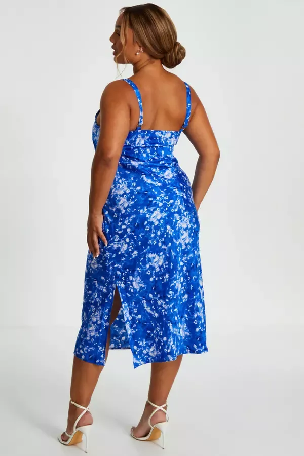Quiz Clothing Dresses Curve Blue Ditsy Floral Satin Midaxi Dress 8211 Women