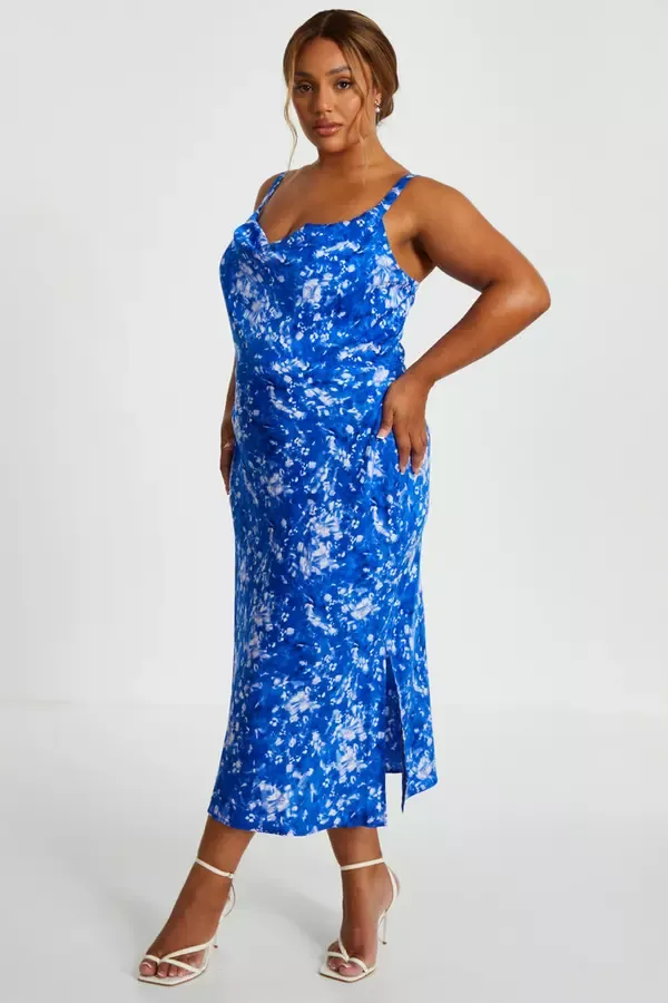Quiz Clothing Dresses Curve Blue Ditsy Floral Satin Midaxi Dress 8211 Women
