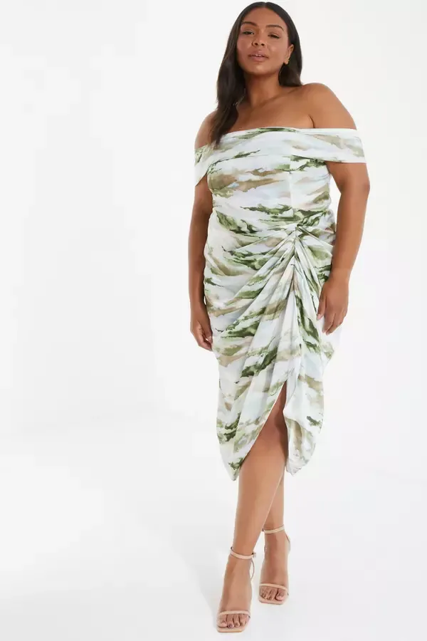 Quiz Clothing Dresses Curve Green Marble Print Bardot Midi Dress 8211 Women