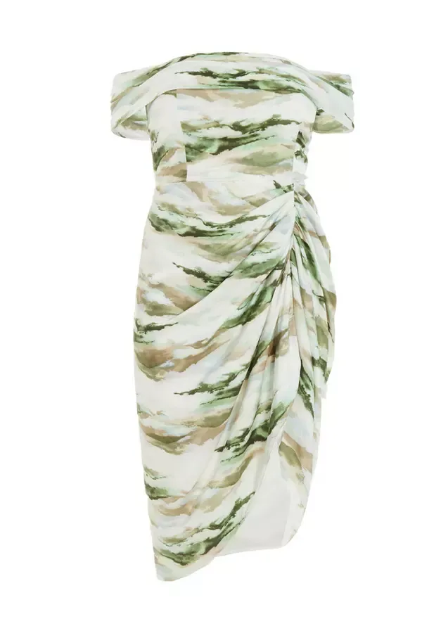 Quiz Clothing Dresses Curve Green Marble Print Bardot Midi Dress 8211 Women