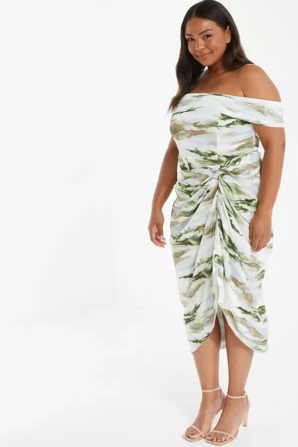 Quiz Clothing Dresses Curve Green Marble Print Bardot Midi Dress 8211 Women