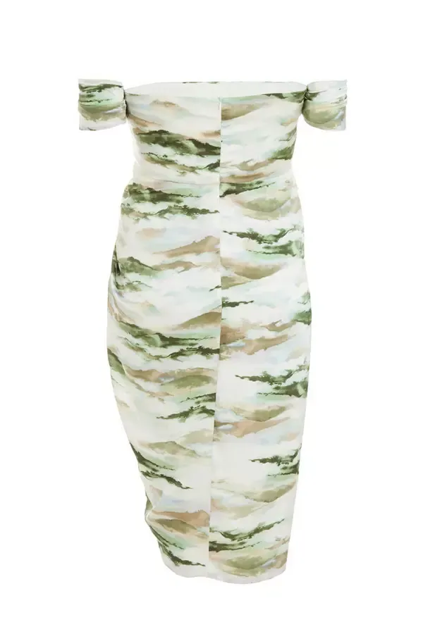 Quiz Clothing Dresses Curve Green Marble Print Bardot Midi Dress 8211 Women