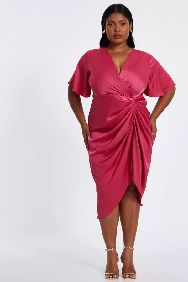 Quiz Clothing Dresses Curve Raspberry Satin Wrap Midi Dress 8211 Women