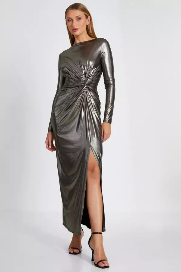 Quiz Clothing Dresses Gold Foil Ruched Maxi Dress 8211 Women
