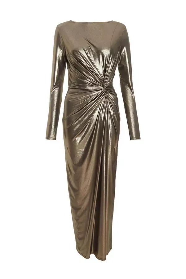 Quiz Clothing Dresses Gold Foil Ruched Maxi Dress 8211 Women