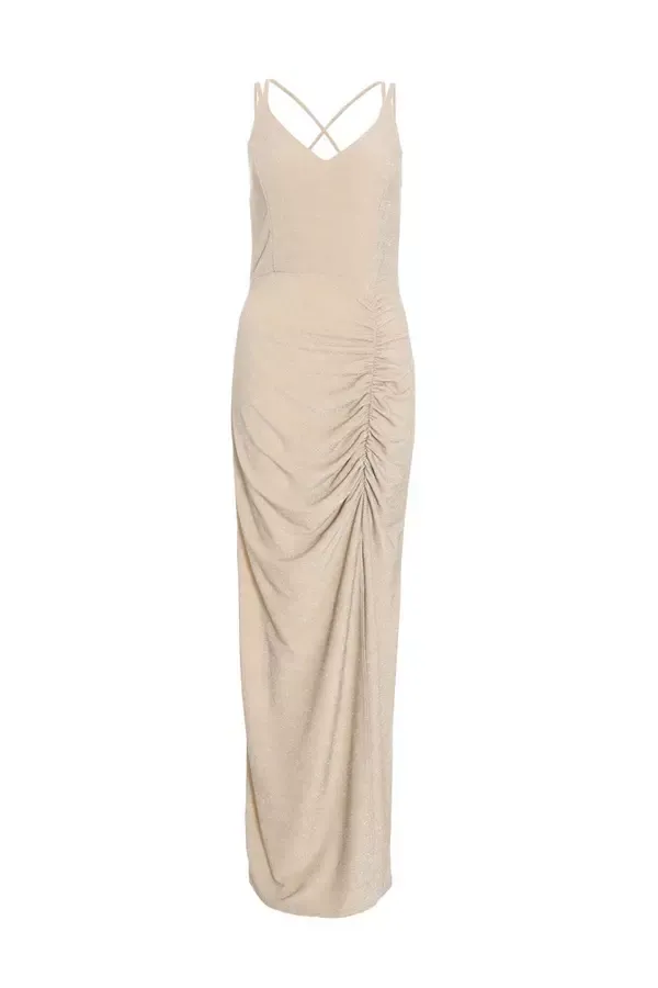 Quiz Clothing Dresses Gold Shimmer Ruched Maxi Dress 8211 Women