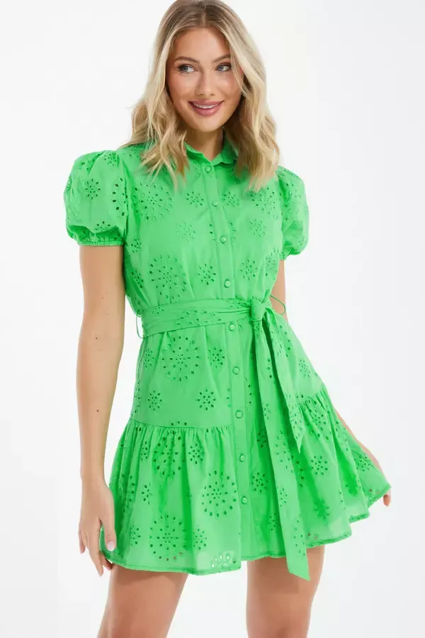 Quiz Clothing Dresses Green Embroidered Mini Shirt Dress 8211 Women