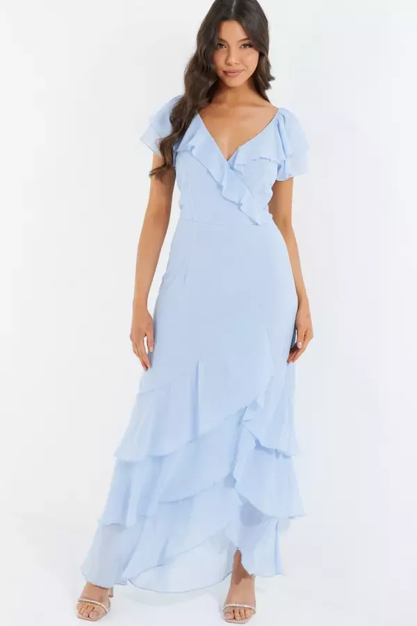 Quiz Clothing Dresses Light Blue Chiffon Frill Maxi Dress 8211 Women