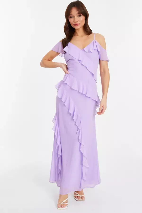 Quiz Clothing Dresses Lilac Chiffon Frill Drop Shoulder Maxi Dress 8211 Women