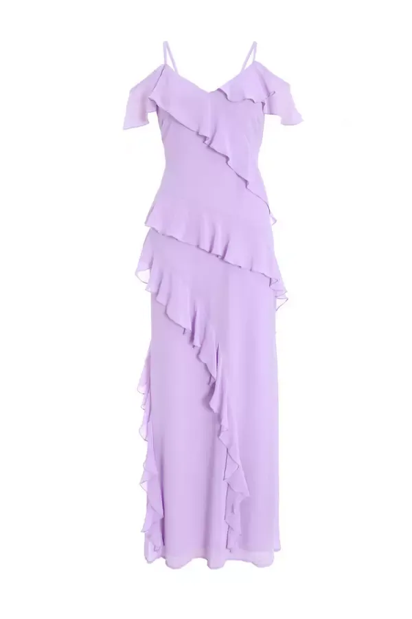 Quiz Clothing Dresses Lilac Chiffon Frill Drop Shoulder Maxi Dress 8211 Women