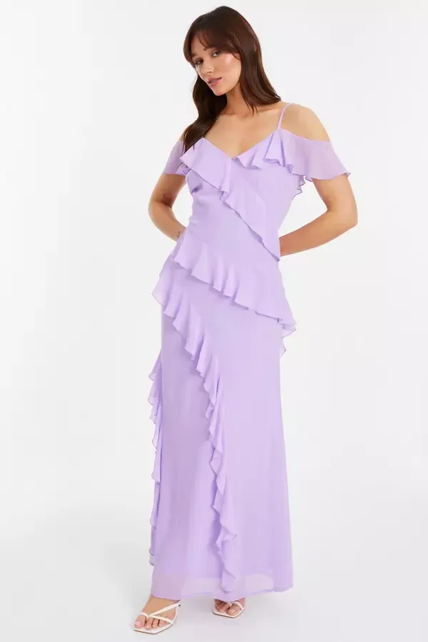 Quiz Clothing Dresses Lilac Chiffon Frill Drop Shoulder Maxi Dress 8211 Women