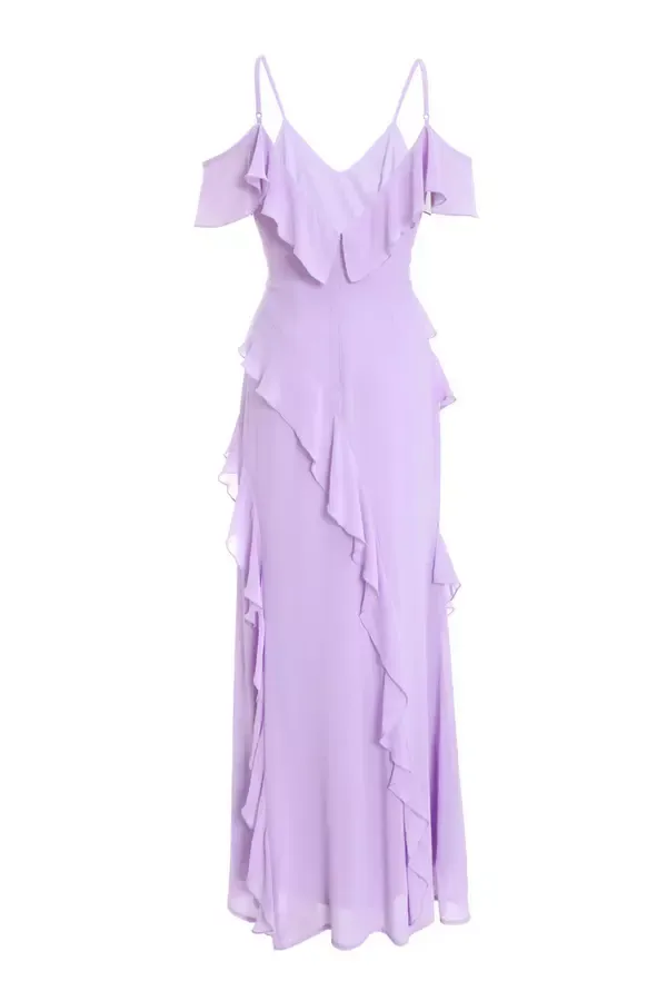 Quiz Clothing Dresses Lilac Chiffon Frill Drop Shoulder Maxi Dress 8211 Women