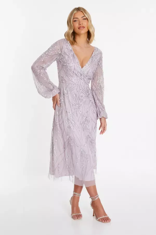Quiz Clothing Dresses Lilac Embellished Wrap Midi Dress 8211 Women