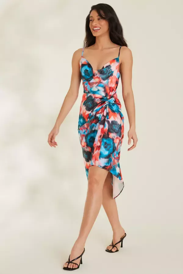 Quiz Clothing Dresses Multicoloured Satin Smudge Print Wrap Midi Dress 8211 Women