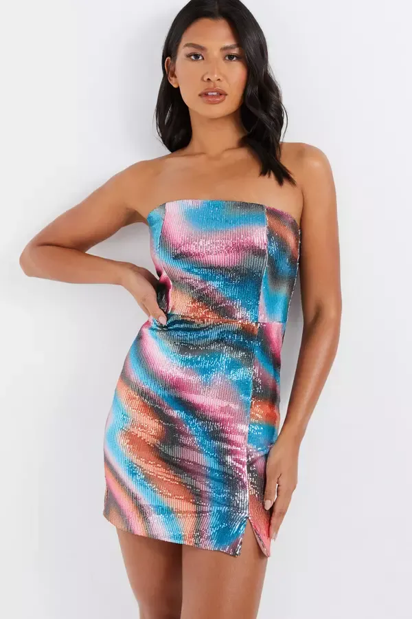 Quiz Clothing Dresses Multicoloured Sequin Marble Bandeau Mini Dress 8211 Women