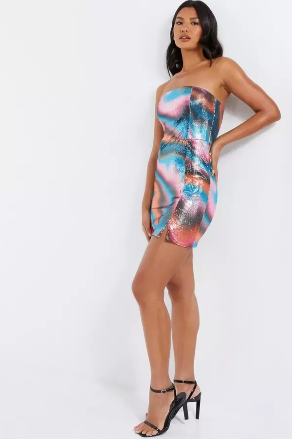 Quiz Clothing Dresses Multicoloured Sequin Marble Bandeau Mini Dress 8211 Women