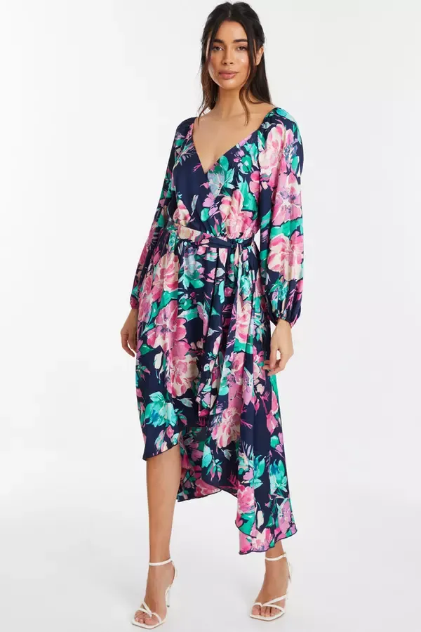 Quiz Clothing Dresses Navy Satin Floral Wrap Dip Hem Midi Dress 8211 Women