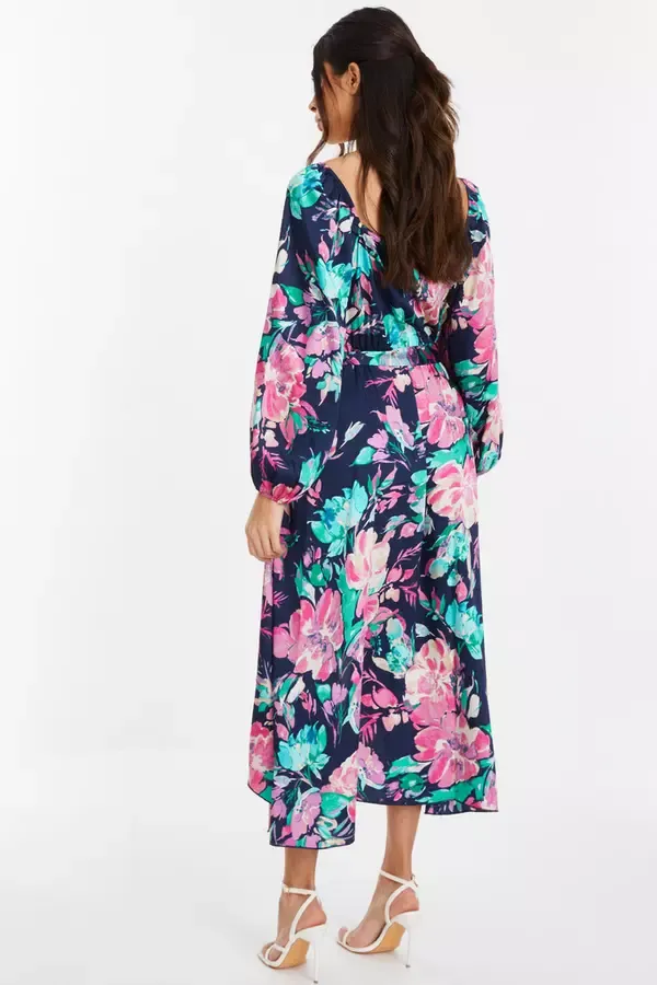 Quiz Clothing Dresses Navy Satin Floral Wrap Dip Hem Midi Dress 8211 Women