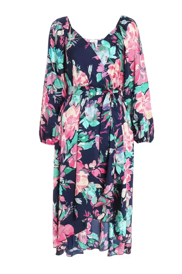 Quiz Clothing Dresses Navy Satin Floral Wrap Dip Hem Midi Dress 8211 Women