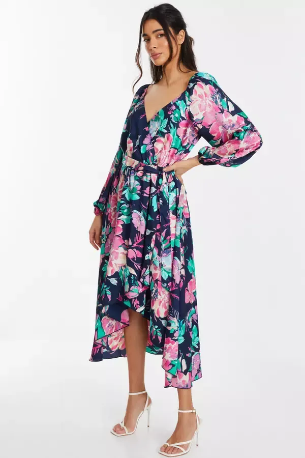 Quiz Clothing Dresses Navy Satin Floral Wrap Dip Hem Midi Dress 8211 Women