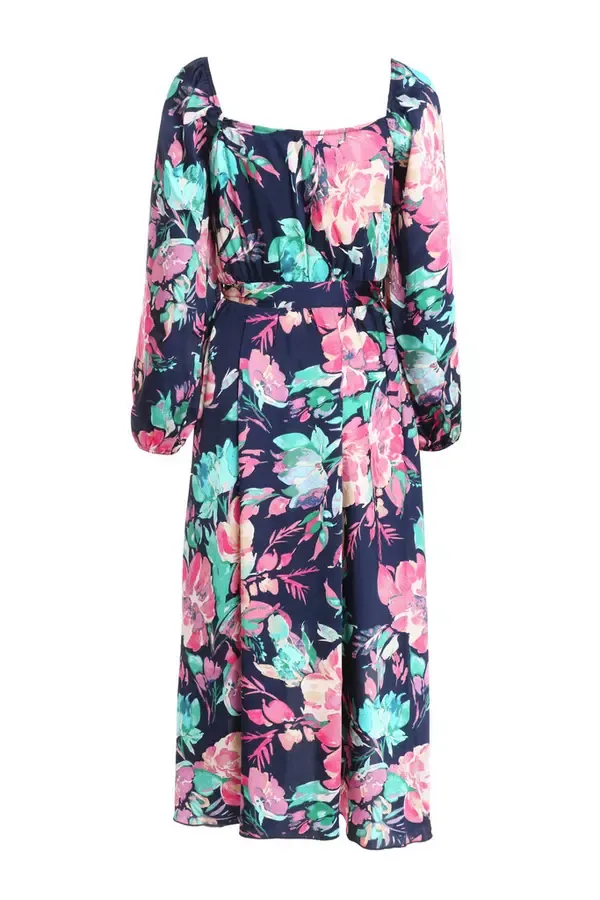 Quiz Clothing Dresses Navy Satin Floral Wrap Dip Hem Midi Dress 8211 Women