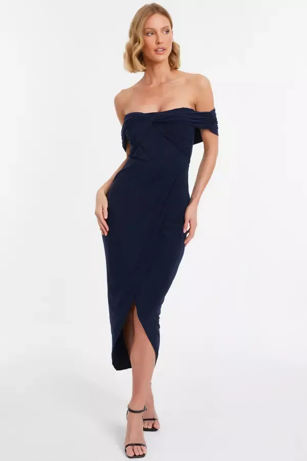 Quiz Clothing Dresses Navy Twist Bardot Bodycon Midi Dress 8211 Women