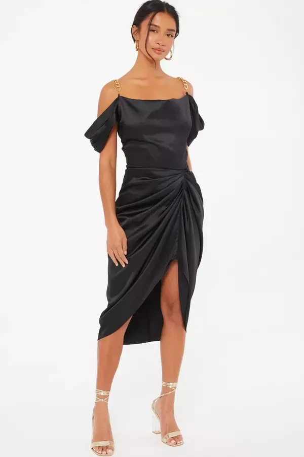 Quiz Clothing Dresses Petite Black Satin Ruched Cold Shoulder Midi Dress 8211 Women