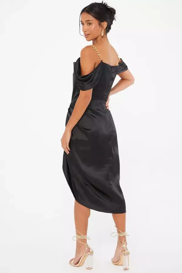 Quiz Clothing Dresses Petite Black Satin Ruched Cold Shoulder Midi Dress 8211 Women