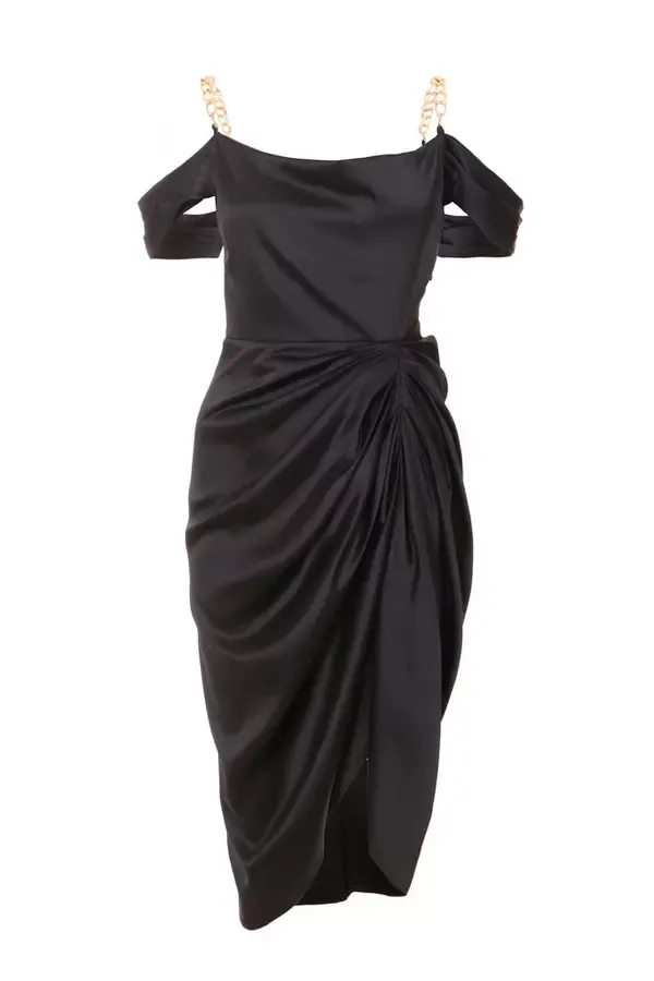 Quiz Clothing Dresses Petite Black Satin Ruched Cold Shoulder Midi Dress 8211 Women