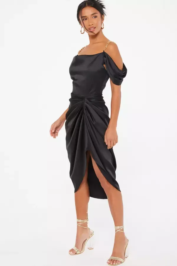 Quiz Clothing Dresses Petite Black Satin Ruched Cold Shoulder Midi Dress 8211 Women