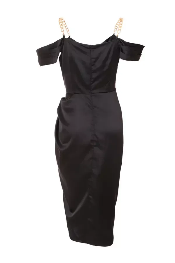 Quiz Clothing Dresses Petite Black Satin Ruched Cold Shoulder Midi Dress 8211 Women
