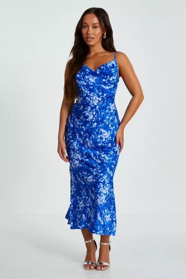 Quiz Clothing Dresses Petite Blue Ditsy Floral Satin Midaxi Dress 8211 Women