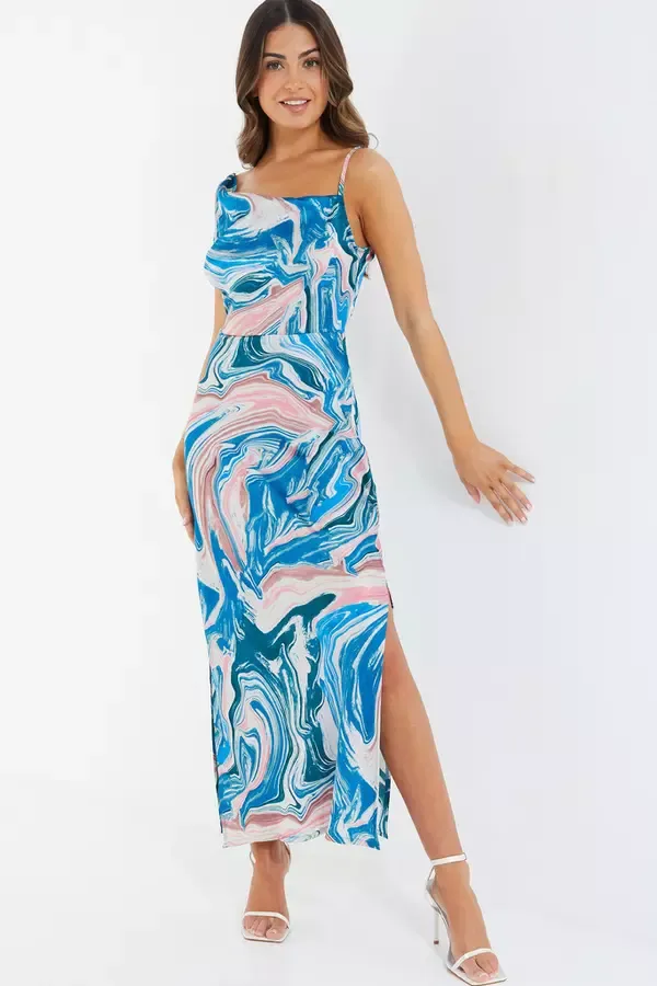 Quiz Clothing Dresses Petite Blue Satin Marble Print Midaxi Dress 8211 Women