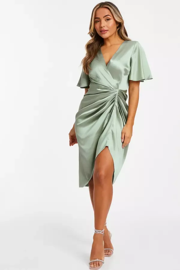 Quiz Clothing Dresses Petite Sage Satin Ruched Wrap Midi Dress 8211 Women