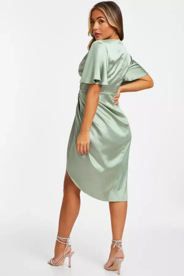 Quiz Clothing Dresses Petite Sage Satin Ruched Wrap Midi Dress 8211 Women
