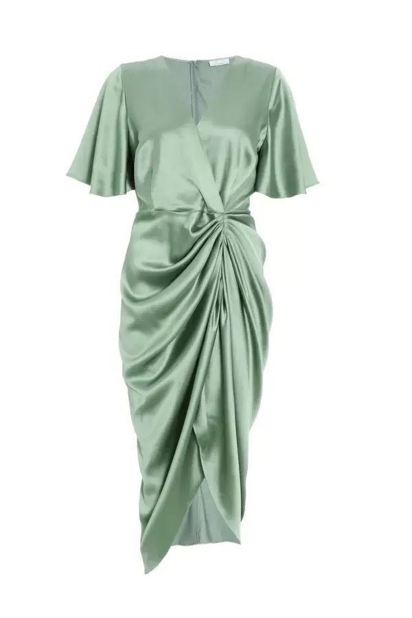 Quiz Clothing Dresses Petite Sage Satin Ruched Wrap Midi Dress 8211 Women